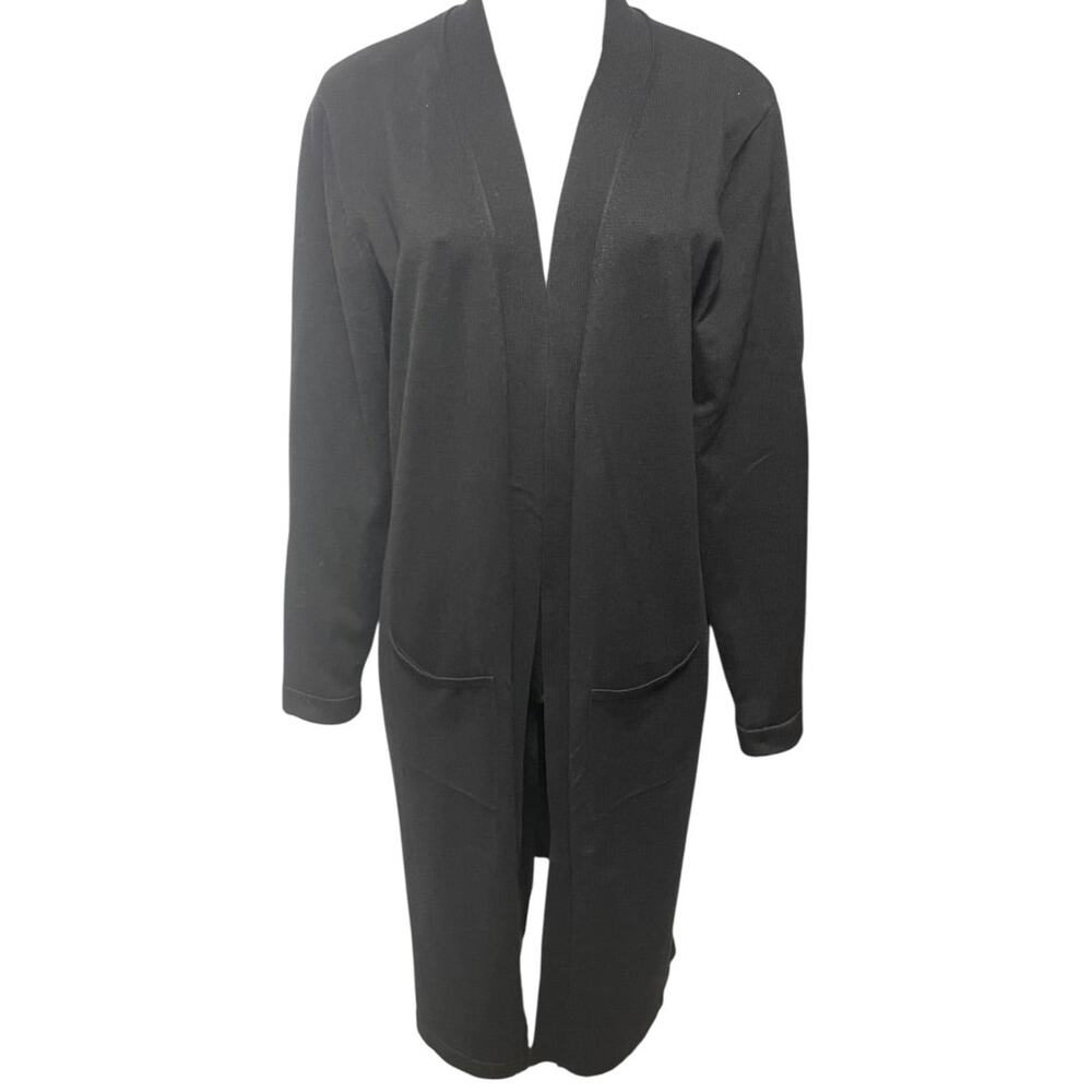 Large Joan Vass Womens Black Open Cardigan Sweater Duster Pockets